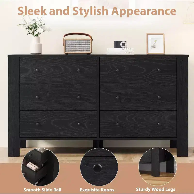 Commode noire à 6 tiroirs profonds avec poignées en métal, chiffonnier moderne en bois pour chambre, entrée et couloir
