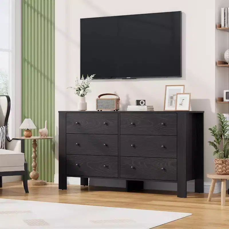 Commode noire à 6 tiroirs profonds avec poignées en métal, chiffonnier moderne en bois pour chambre, entrée et couloir