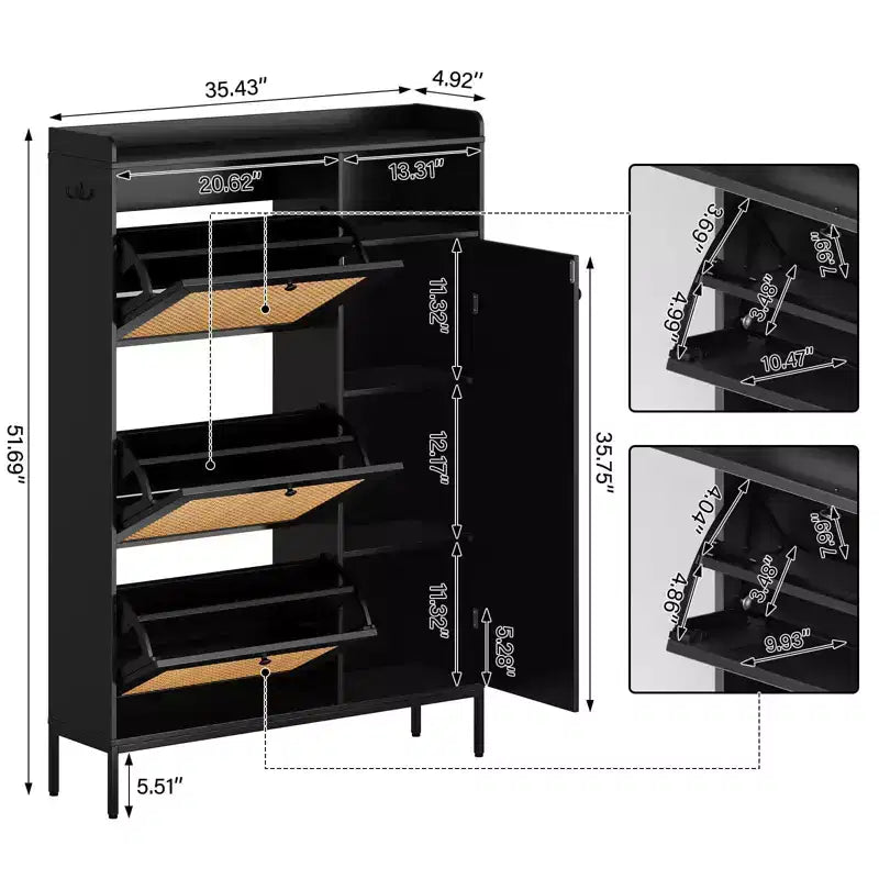 Meuble à Chaussures en Rotin GustoWave, Meubles à Chaussures avec 3 Tiroirs Basculants, Organisateur de Rangement de Chaussures Étroit sur Pied, Meuble Étagère à Chaussures