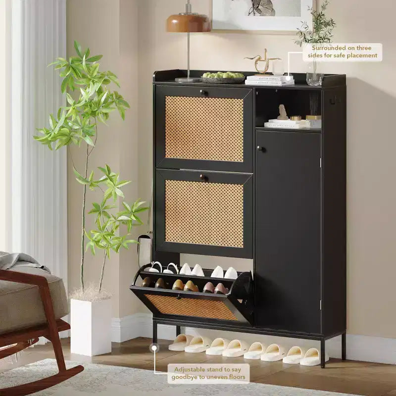 Meuble à Chaussures en Rotin GustoWave, Meubles à Chaussures avec 3 Tiroirs Basculants, Organisateur de Rangement de Chaussures Étroit sur Pied, Meuble Étagère à Chaussures