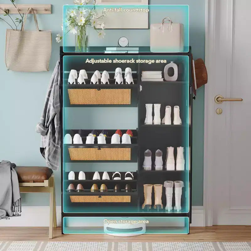 Meuble à Chaussures en Rotin GustoWave, Meubles à Chaussures avec 3 Tiroirs Basculants, Organisateur de Rangement de Chaussures Étroit sur Pied, Meuble Étagère à Chaussures
