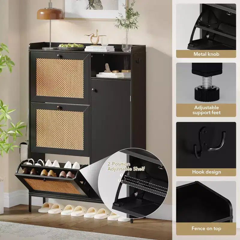 Meuble à Chaussures en Rotin GustoWave, Meubles à Chaussures avec 3 Tiroirs Basculants, Organisateur de Rangement de Chaussures Étroit sur Pied, Meuble Étagère à Chaussures