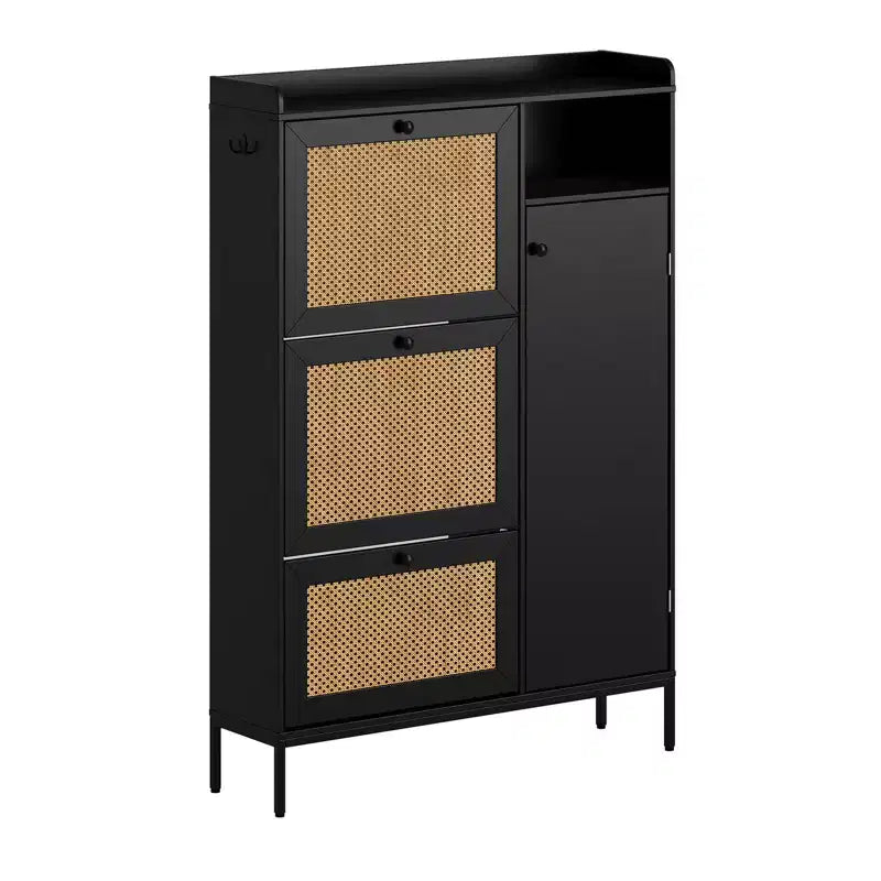 Meuble à Chaussures en Rotin GustoWave, Meubles à Chaussures avec 3 Tiroirs Basculants, Organisateur de Rangement de Chaussures Étroit sur Pied, Meuble Étagère à Chaussures