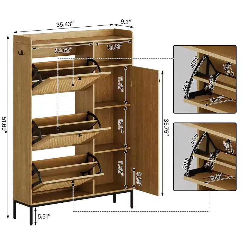 Meuble à Chaussures en Rotin GustoWave, Meubles à Chaussures avec 3 Tiroirs Basculants, Organisateur de Rangement de Chaussures Étroit sur Pied, Meuble Étagère à Chaussures