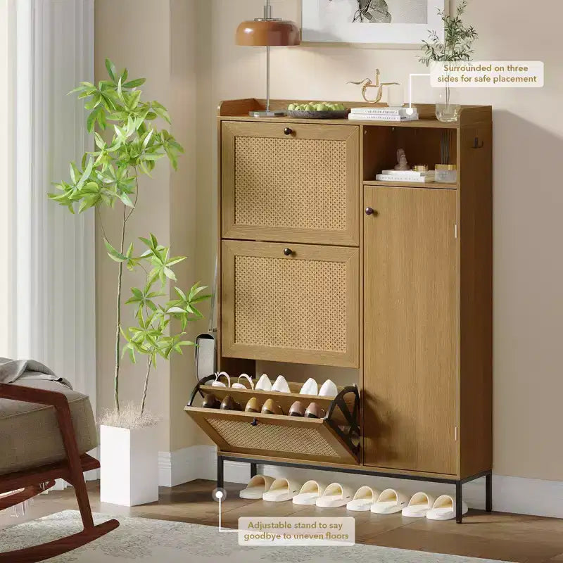Meuble à Chaussures en Rotin GustoWave, Meubles à Chaussures avec 3 Tiroirs Basculants, Organisateur de Rangement de Chaussures Étroit sur Pied, Meuble Étagère à Chaussures