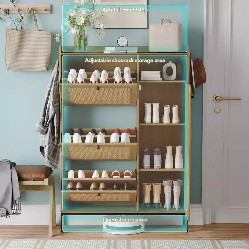 Meuble à Chaussures en Rotin GustoWave, Meubles à Chaussures avec 3 Tiroirs Basculants, Organisateur de Rangement de Chaussures Étroit sur Pied, Meuble Étagère à Chaussures