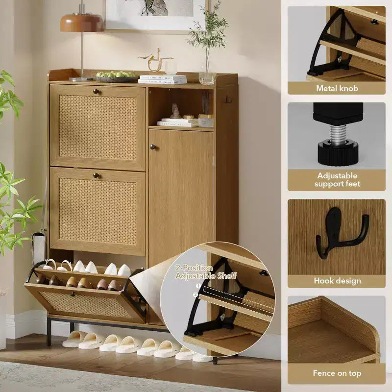 Meuble à Chaussures en Rotin GustoWave, Meubles à Chaussures avec 3 Tiroirs Basculants, Organisateur de Rangement de Chaussures Étroit sur Pied, Meuble Étagère à Chaussures