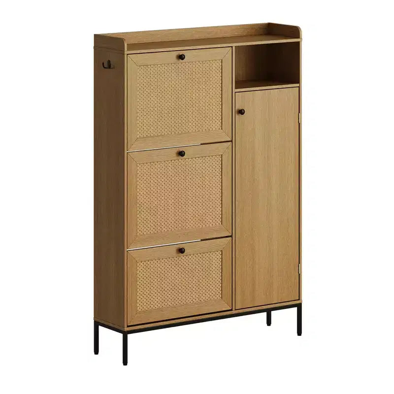 Meuble à Chaussures en Rotin GustoWave, Meubles à Chaussures avec 3 Tiroirs Basculants, Organisateur de Rangement de Chaussures Étroit sur Pied, Meuble Étagère à Chaussures