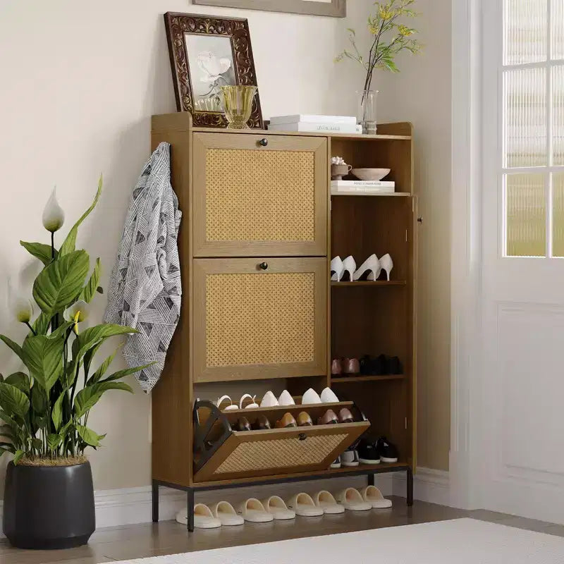 GustoWave Rattan Shoe Cabinet, Shoe Cabinets with 3 Flip Drawers, Free Standing Narrow Shoe Storage Organizer, Shoe Rack Cabinet