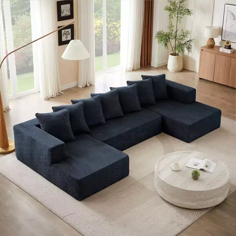 Canapé d'angle en chenille avec assise moelleuse et coussins fixes pour une utilisation polyvalente dans le salon, la chambre et le bureau