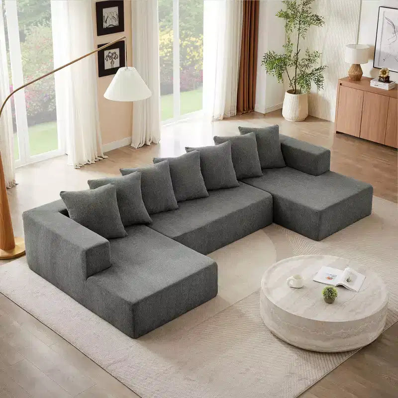 Canapé d'angle en chenille avec assise moelleuse et coussins fixes pour une utilisation polyvalente dans le salon, la chambre et le bureau