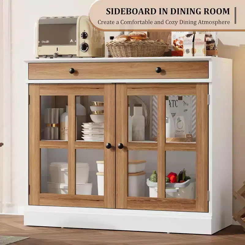 35.4 Buffet de salle à manger avec portes vitrées et étagères réglables, buffet avec tiroir pour salle à manger et cuisine