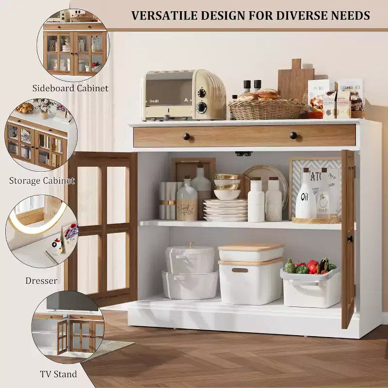 35.4 Buffet de salle à manger avec portes vitrées et étagères réglables, buffet avec tiroir pour salle à manger et cuisine