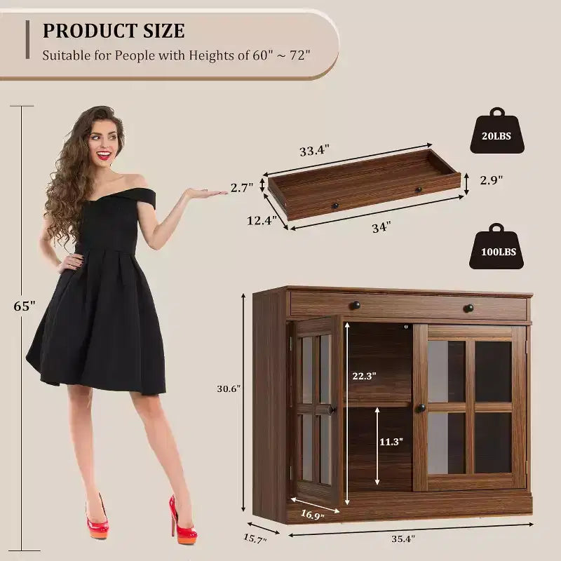 35.4 Buffet de salle à manger avec portes vitrées et étagères réglables, buffet avec tiroir pour salle à manger et cuisine