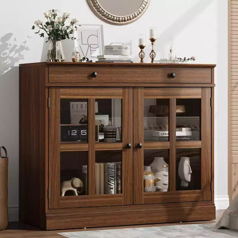 35.4 Sideboard Buffet Cabinet with Glass Doors & Adjustable Shelves, Sideboard with Drawer for Dining Room & Kitchen