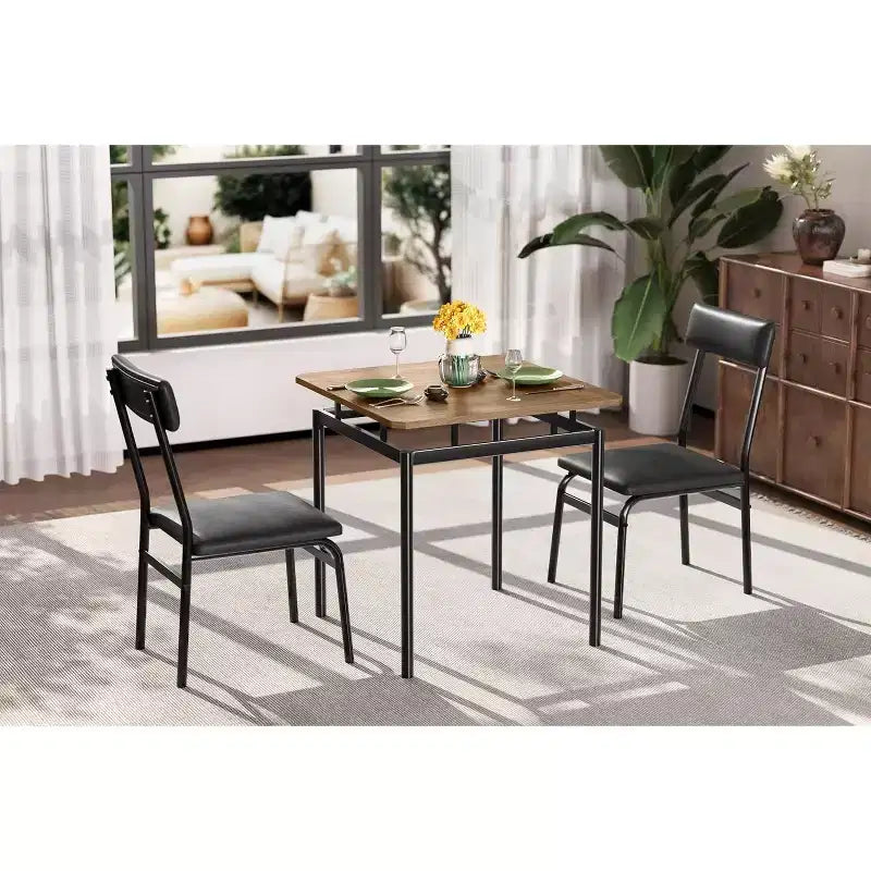 3-Piece Dining Set with Table & 2 Padded Chairs, Wooden Frame, Space-Saving Design, Easy-Clean Surface, Black