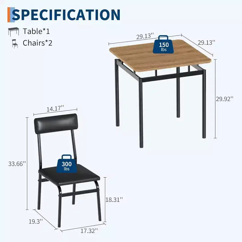 Ensemble de salle à manger 3 pièces avec table et 2 chaises rembourrées, cadre en bois, conception peu encombrante, surface facile à nettoyer, noir