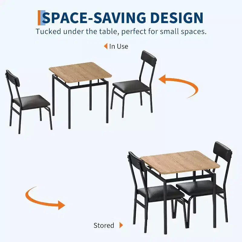 Ensemble de salle à manger 3 pièces avec table et 2 chaises rembourrées, cadre en bois, conception peu encombrante, surface facile à nettoyer, noir