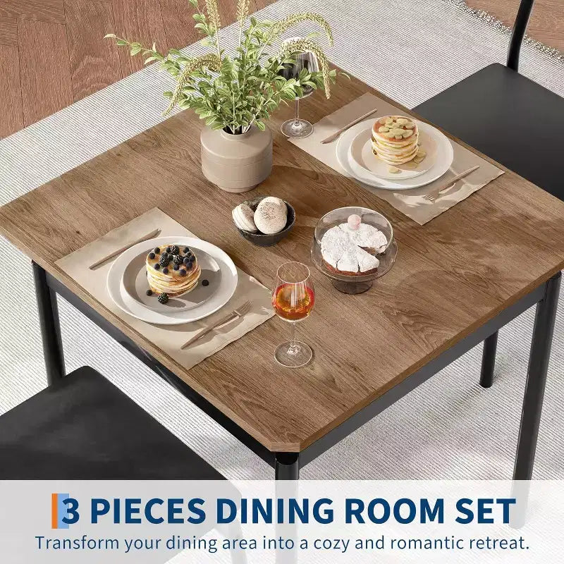 Ensemble de salle à manger 3 pièces avec table et 2 chaises rembourrées, cadre en bois, conception peu encombrante, surface facile à nettoyer, noir