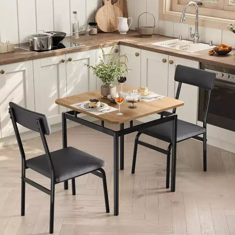 Ensemble de salle à manger 3 pièces avec table et 2 chaises rembourrées, cadre en bois, conception peu encombrante, surface facile à nettoyer, noir
