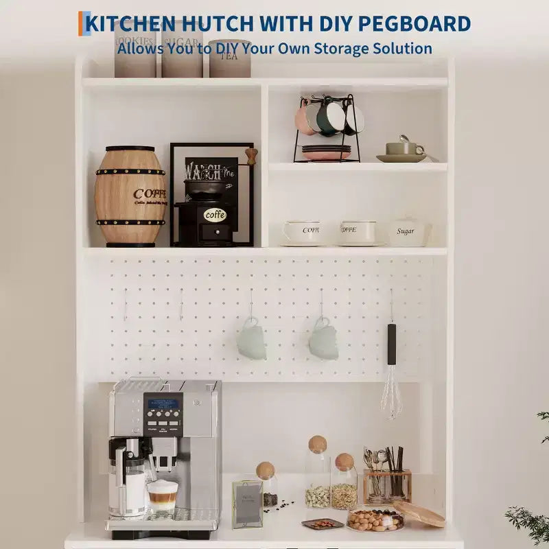 Meuble de cuisine haut de 71 pouces, buffet en bois avec support à micro-ondes et panneau perforé, armoire de rangement autoportante