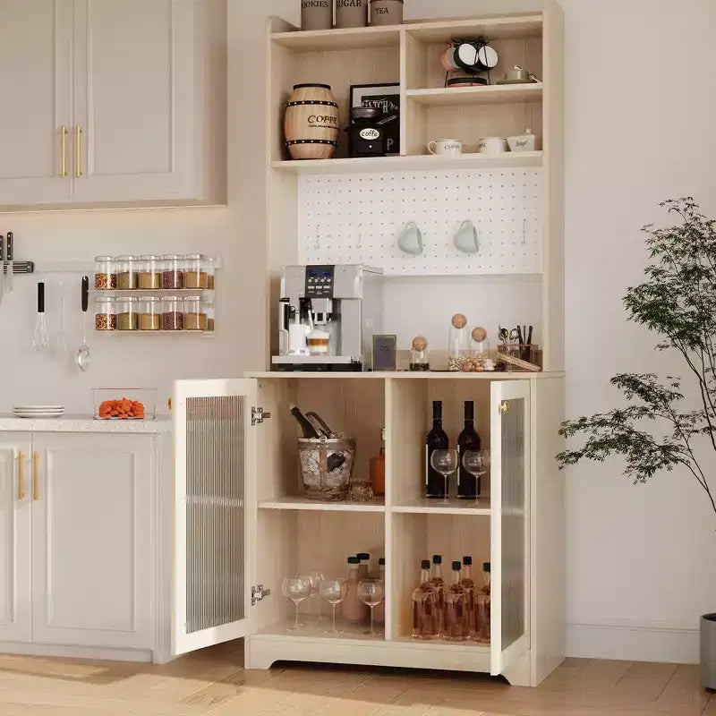 Meuble de cuisine haut de 71 pouces, buffet en bois avec support à micro-ondes et panneau perforé, armoire de rangement autoportante