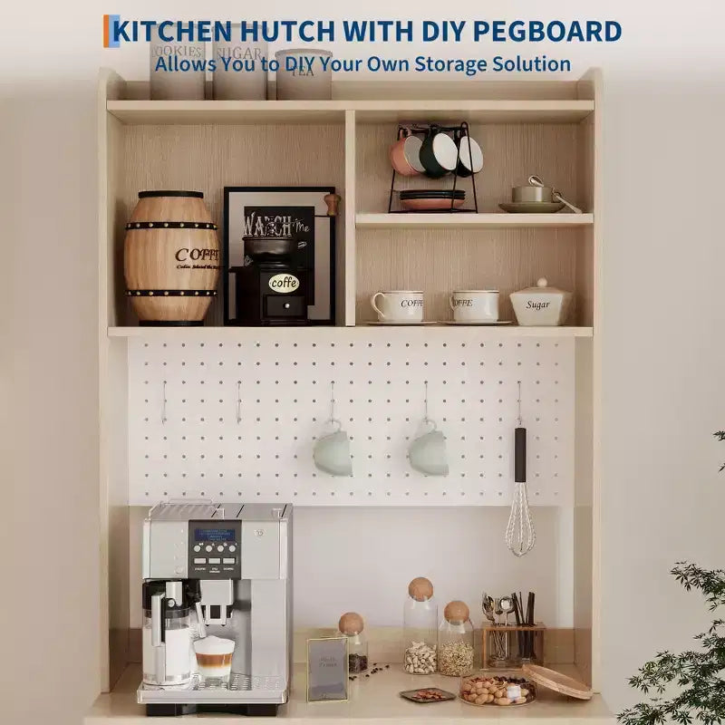 Meuble de cuisine haut de 71 pouces, buffet en bois avec support à micro-ondes et panneau perforé, armoire de rangement autoportante