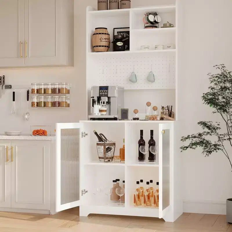 Meuble de cuisine haut de 71 pouces, buffet en bois avec support à micro-ondes et panneau perforé, armoire de rangement autoportante