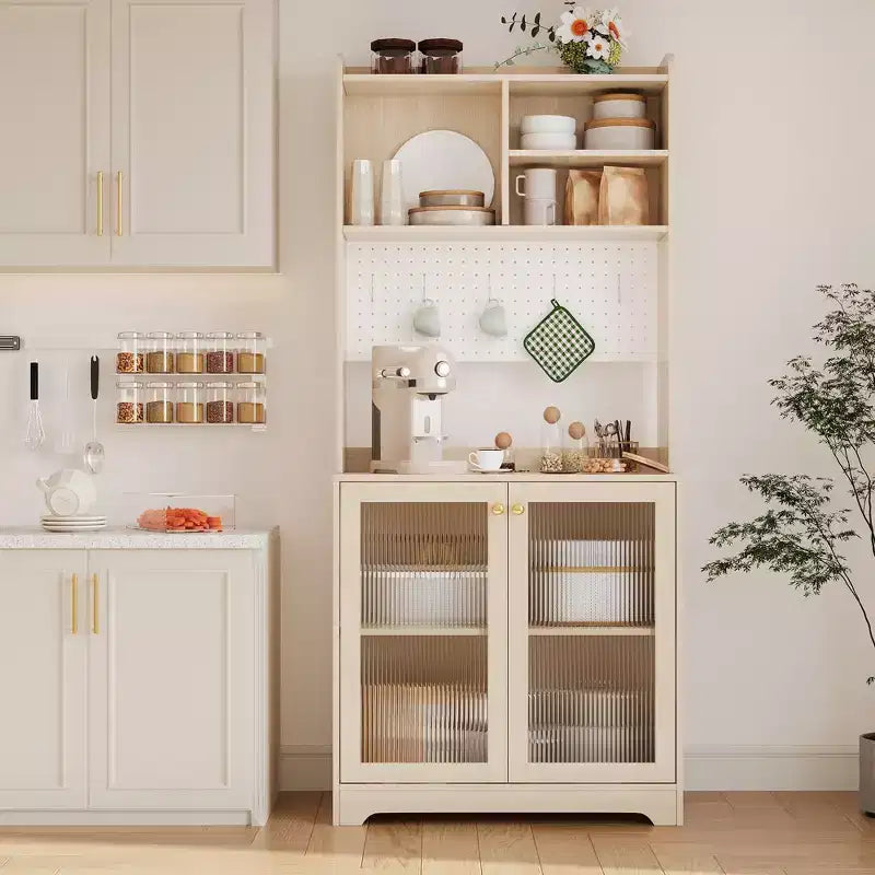 71 Tall Kitchen Pantry Cabinet, Wooden Sideboard Buffet Cabinet with Microwave Stand & Pegboard, Freestanding Cupboard Storage Cabinet