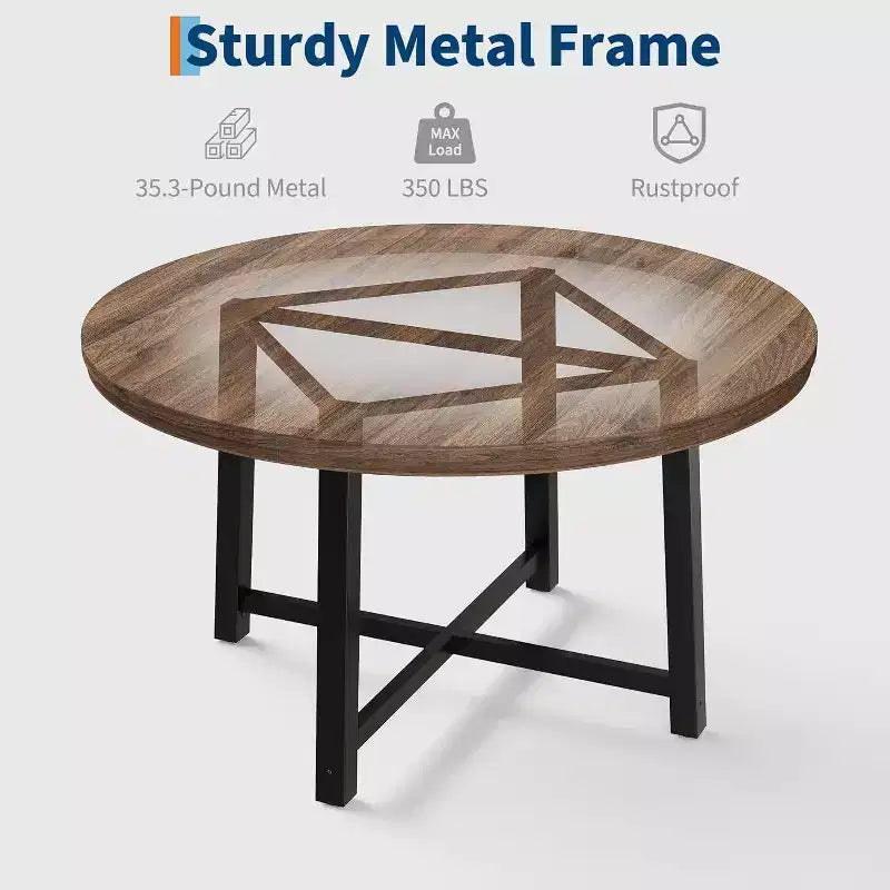 Table à manger industrielle ronde 47, plateau en bois avec base en métal, table de cuisine pour 4 à 6 personnes, table à dîner ronde pour cuisines et salles à manger