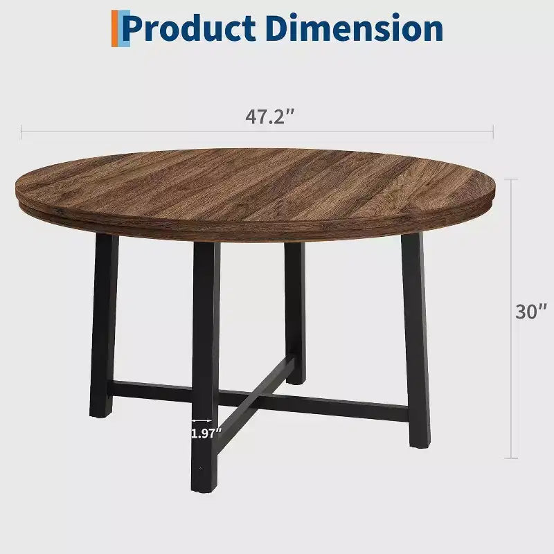 Table à manger industrielle ronde 47, plateau en bois avec base en métal, table de cuisine pour 4 à 6 personnes, table à dîner ronde pour cuisines et salles à manger