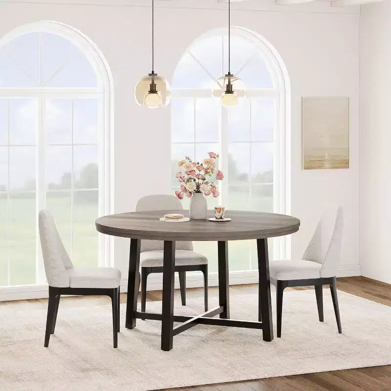 Table à manger industrielle ronde 47, plateau en bois avec base en métal, table de cuisine pour 4 à 6 personnes, table à dîner ronde pour cuisines et salles à manger