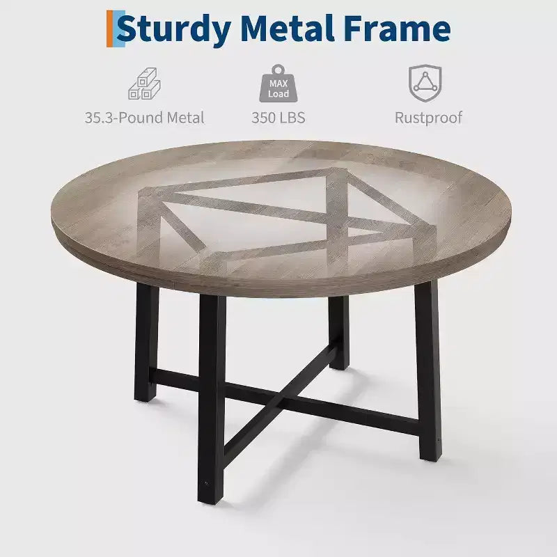 Table à manger industrielle ronde 47, plateau en bois avec base en métal, table de cuisine pour 4 à 6 personnes, table à dîner ronde pour cuisines et salles à manger