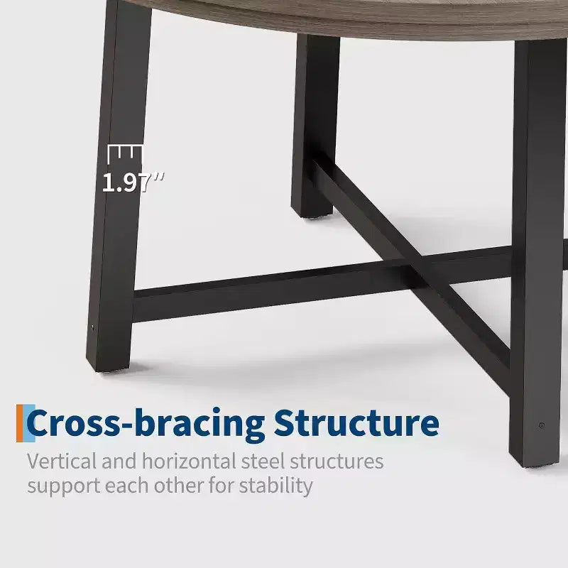 Table à manger industrielle ronde 47, plateau en bois avec base en métal, table de cuisine pour 4 à 6 personnes, table à dîner ronde pour cuisines et salles à manger