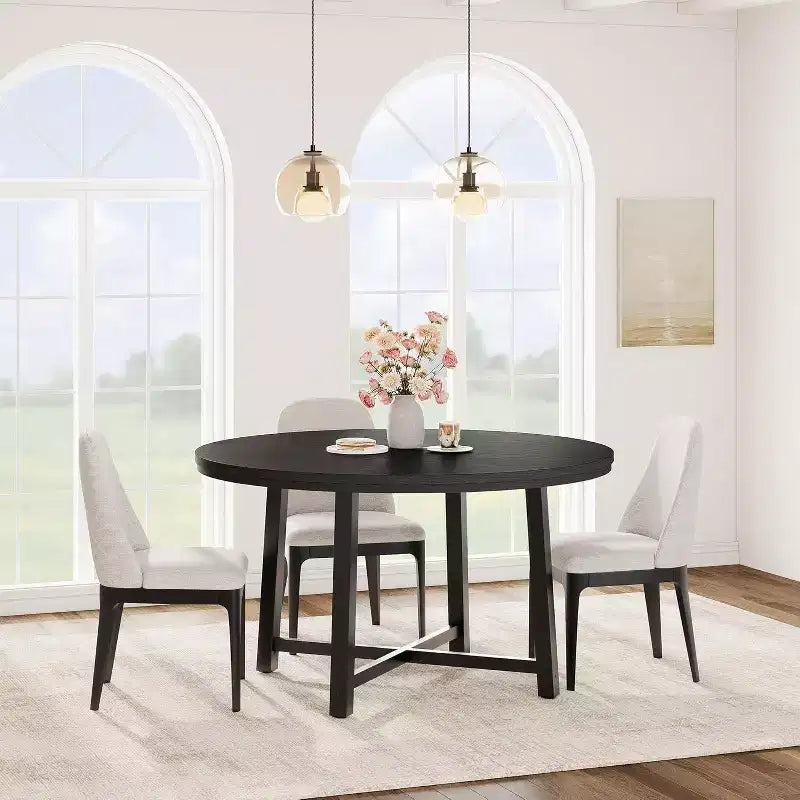 Table à manger industrielle ronde 47, plateau en bois avec base en métal, table de cuisine pour 4 à 6 personnes, table à dîner ronde pour cuisines et salles à manger