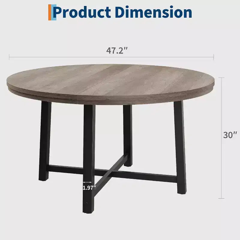 Table à manger industrielle ronde 47, plateau en bois avec base en métal, table de cuisine pour 4 à 6 personnes, table à dîner ronde pour cuisines et salles à manger