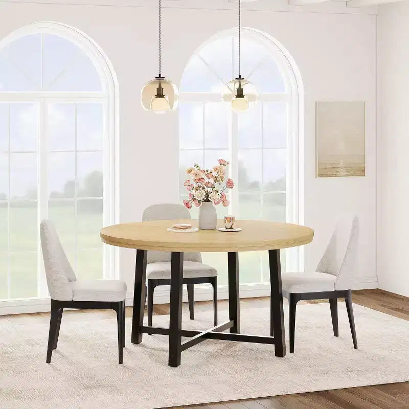Table à manger industrielle ronde 47, plateau en bois avec base en métal, table de cuisine pour 4 à 6 personnes, table à dîner ronde pour cuisines et salles à manger