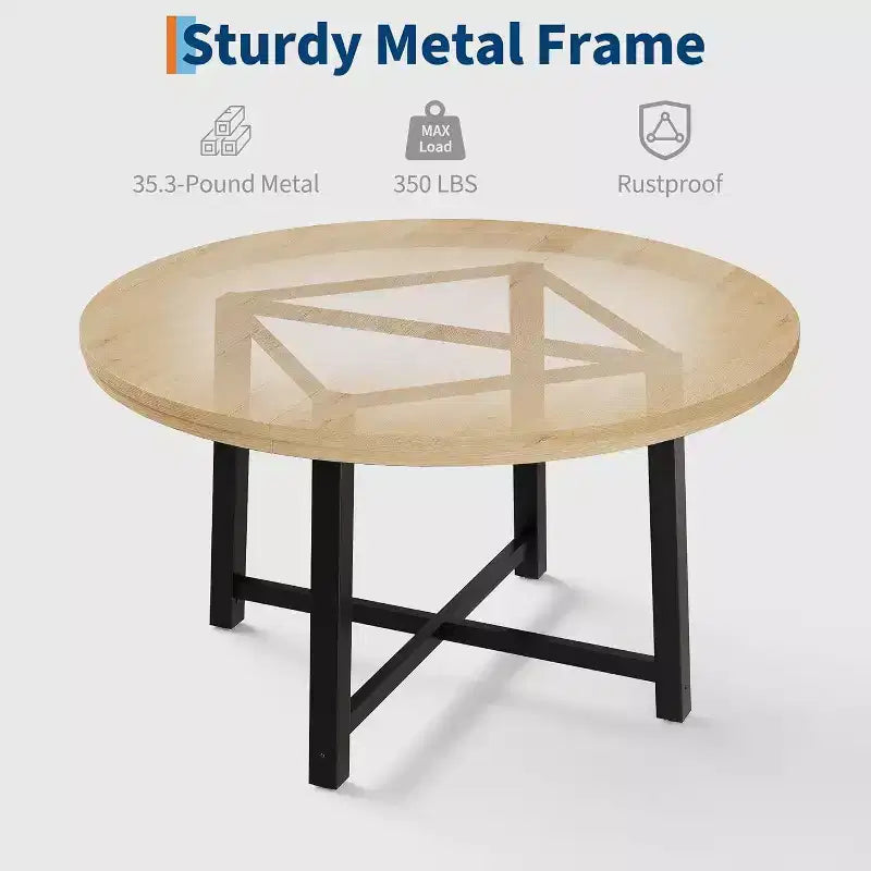 Table à manger industrielle ronde 47, plateau en bois avec base en métal, table de cuisine pour 4 à 6 personnes, table à dîner ronde pour cuisines et salles à manger