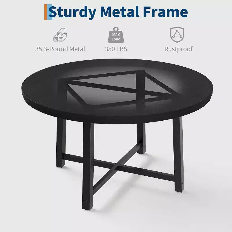 Table à manger industrielle ronde 47, plateau en bois avec base en métal, table de cuisine pour 4 à 6 personnes, table à dîner ronde pour cuisines et salles à manger
