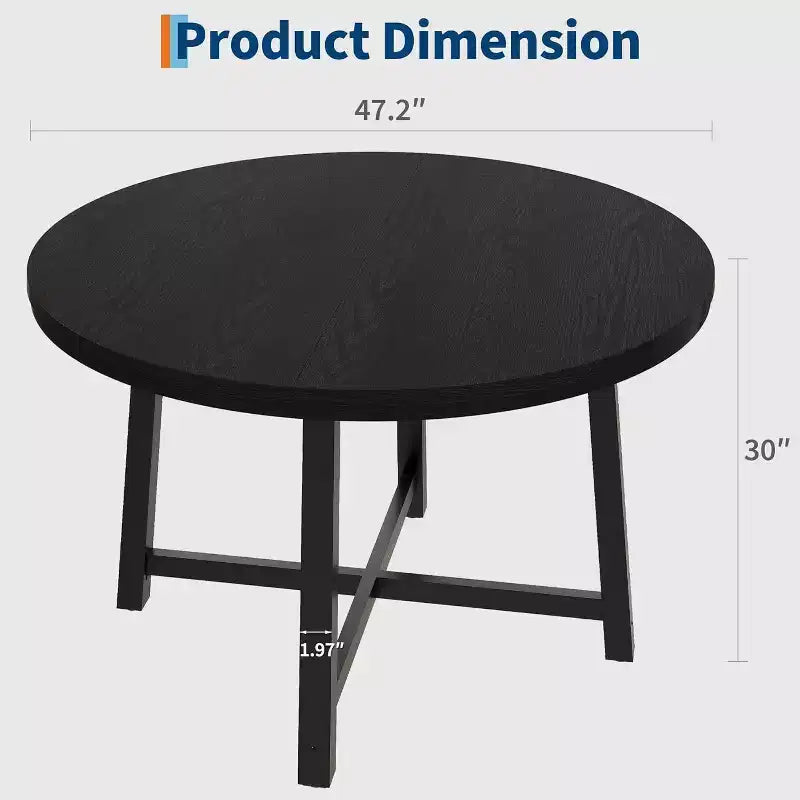 Table à manger industrielle ronde 47, plateau en bois avec base en métal, table de cuisine pour 4 à 6 personnes, table à dîner ronde pour cuisines et salles à manger