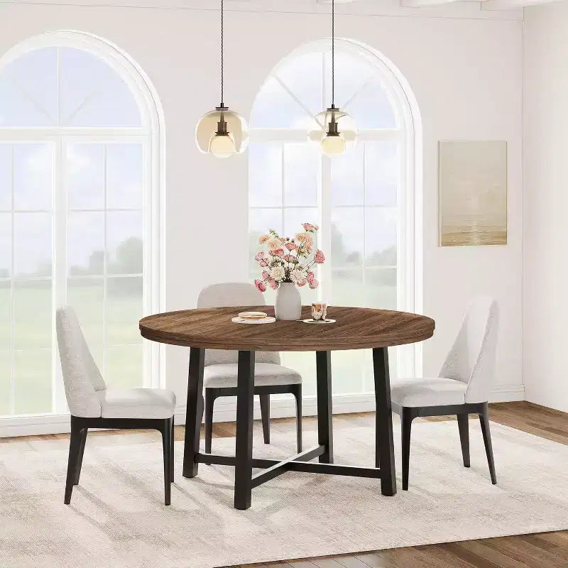Table à manger industrielle ronde 47, plateau en bois avec base en métal, table de cuisine pour 4 à 6 personnes, table à dîner ronde pour cuisines et salles à manger