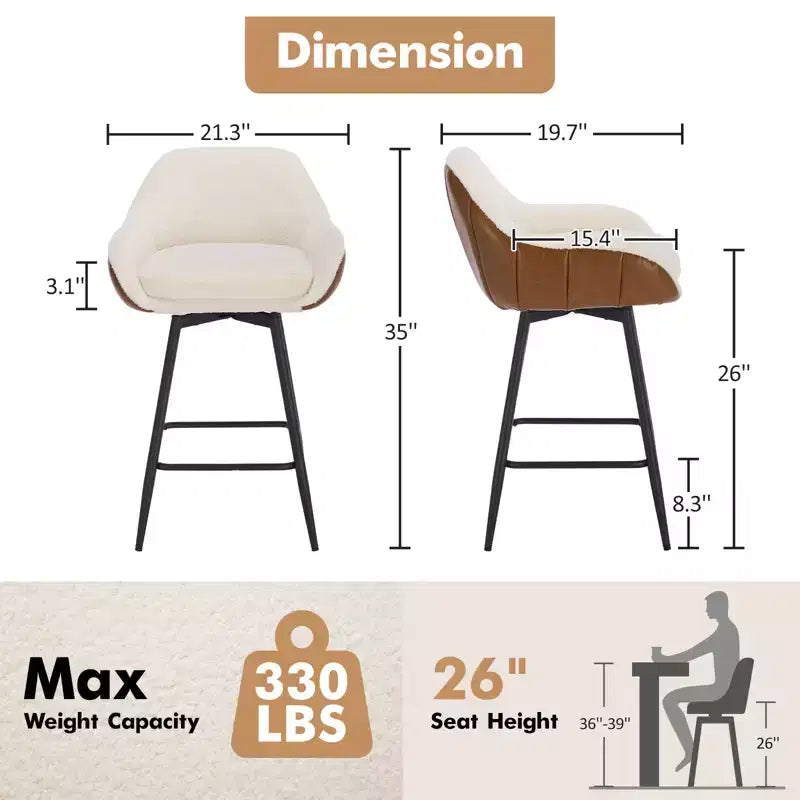3 tabourets de bar pivotants à double couche souple avec accoudoir et cadre en fer – Tabourets de cuisine modernes, confortables, durables et élégants