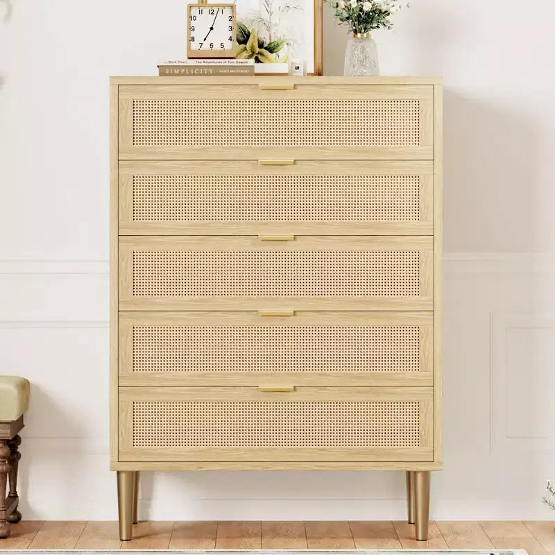 Commode en rotin à 5 tiroirs, commode verticale étroite de 112 cm de hauteur, commode verticale en bois style ferme avec pieds et poignées en métal, pour chambre à coucher, salon