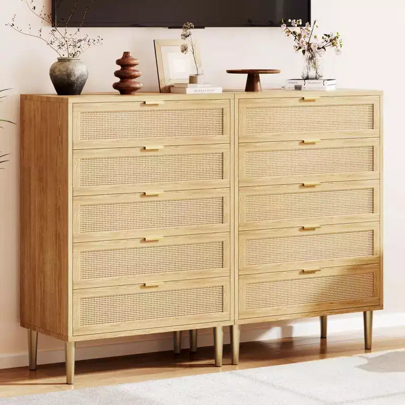 Commode en rotin à 5 tiroirs, commode verticale étroite de 112 cm de hauteur, commode verticale en bois style ferme avec pieds et poignées en métal, pour chambre à coucher, salon