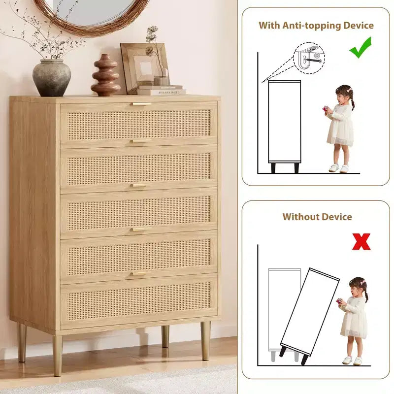 Commode en rotin à 5 tiroirs, commode verticale étroite de 112 cm de hauteur, commode verticale en bois style ferme avec pieds et poignées en métal, pour chambre à coucher, salon