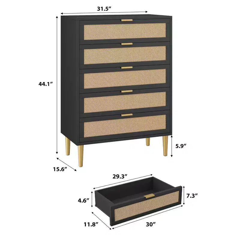Commode en rotin à 5 tiroirs, commode verticale étroite de 112 cm de hauteur, commode verticale en bois style ferme avec pieds et poignées en métal, pour chambre à coucher, salon