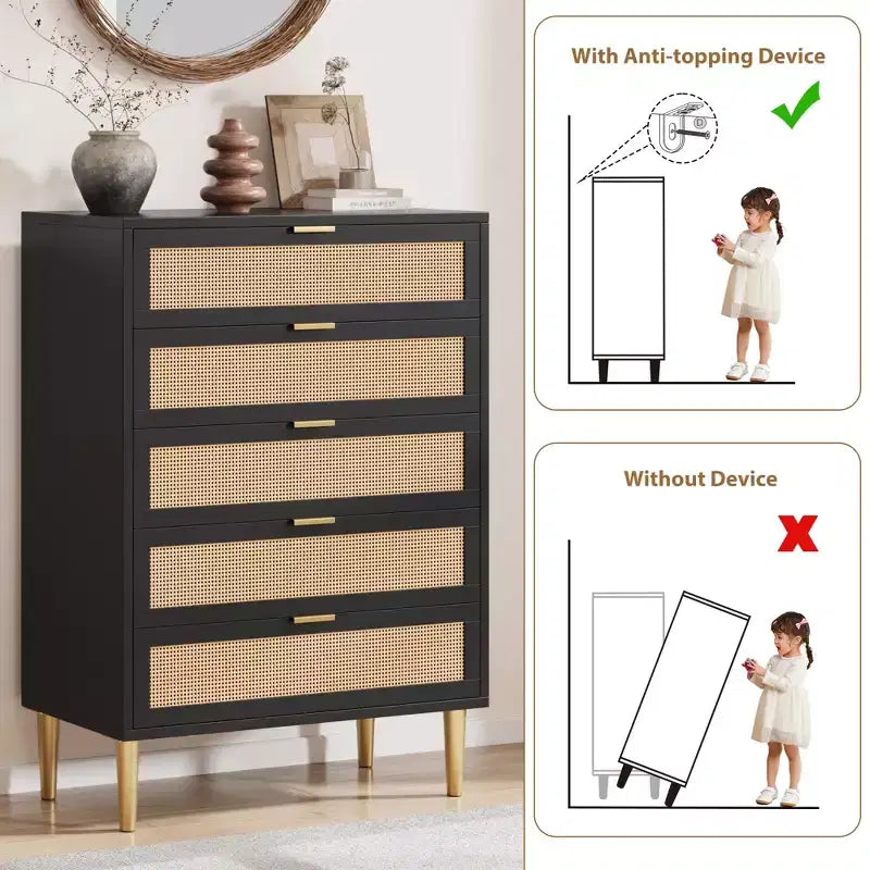 Commode en rotin à 5 tiroirs, commode verticale étroite de 112 cm de hauteur, commode verticale en bois style ferme avec pieds et poignées en métal, pour chambre à coucher, salon