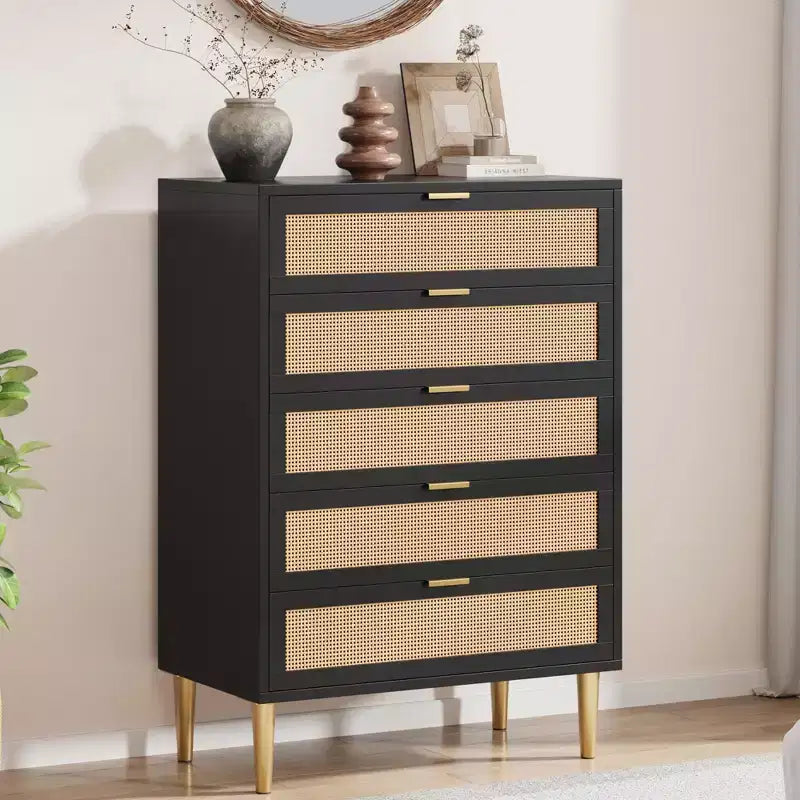Commode en rotin à 5 tiroirs, commode verticale étroite de 112 cm de hauteur, commode verticale en bois style ferme avec pieds et poignées en métal, pour chambre à coucher, salon