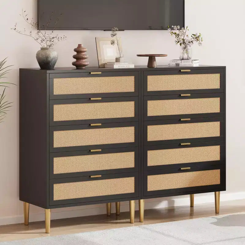 Commode en rotin à 5 tiroirs, commode verticale étroite de 112 cm de hauteur, commode verticale en bois style ferme avec pieds et poignées en métal, pour chambre à coucher, salon