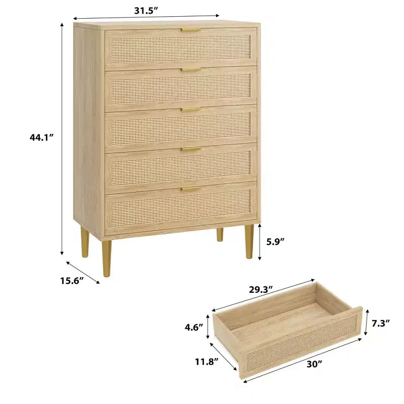 Commode en rotin à 5 tiroirs, commode verticale étroite de 112 cm de hauteur, commode verticale en bois style ferme avec pieds et poignées en métal, pour chambre à coucher, salon